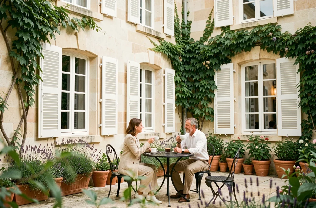 Cour intérieure de l'Hôtel Général d'Elbée et Spa Nuxe à Noirmoutier, avec architecture historique et jardin fleuri