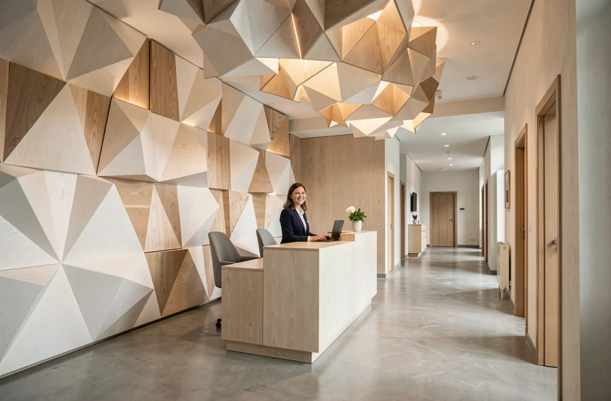 Hall d'accueil moderne de l'Hôtel Origami à Strasbourg avec panneaux décoratifs en origami et réceptionniste souriante