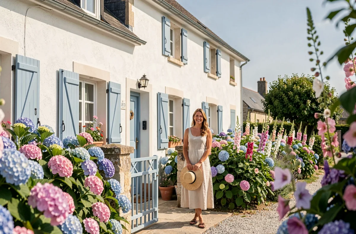 Façade de l'Hôtel Punta Lara à La Guérinière sur l'île de Noirmoutier avec jardin fleuri d'hortensias