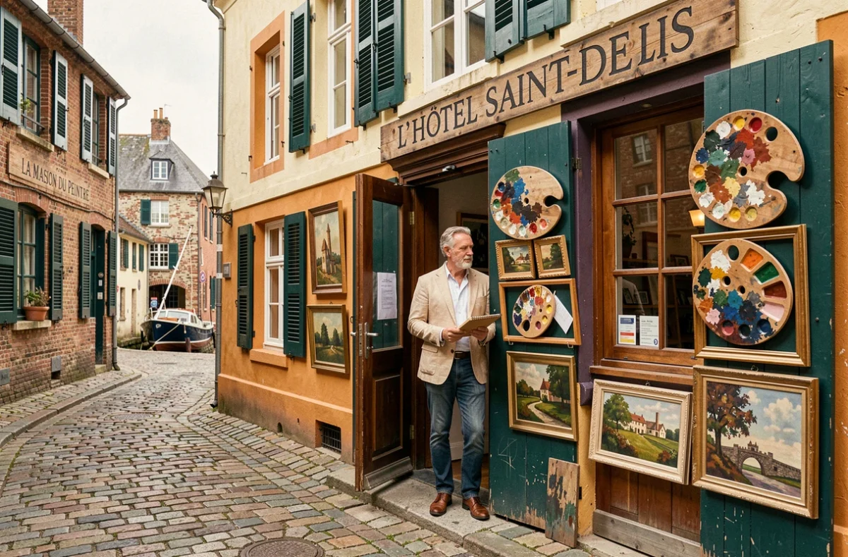 Façade colorée de l'Hôtel Saint-Delis La Maison du Peintre à Honfleur avec ruelle pavée pittoresque