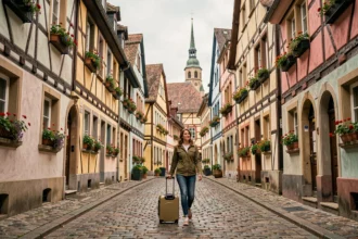 Voyageur avec valise dans une rue typique du Grand Est avec maisons alsaciennes à colombages