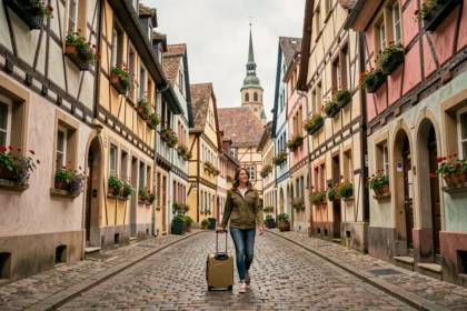 Voyageur avec valise dans une rue typique du Grand Est avec maisons alsaciennes à colombages
