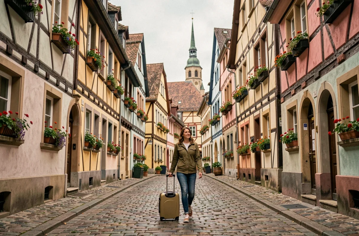 Voyageur avec valise dans une rue typique du Grand Est avec maisons alsaciennes à colombages