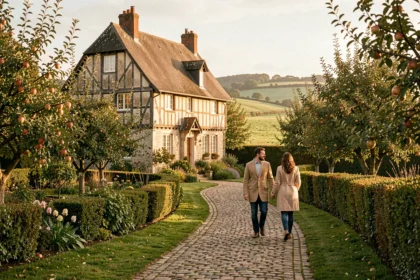 Paysage romantique normand avec manoir à colombages et couple se promenant dans un jardin fleuri