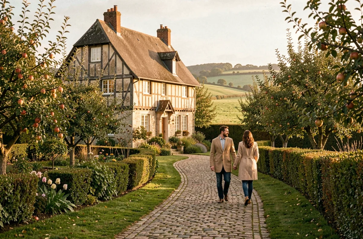 Paysage romantique normand avec manoir à colombages et couple se promenant dans un jardin fleuri