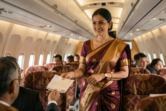 Hôtesse de l'air Air India en sari bordeaux et or servant un passager dans la cabine d'un avion long-courrier