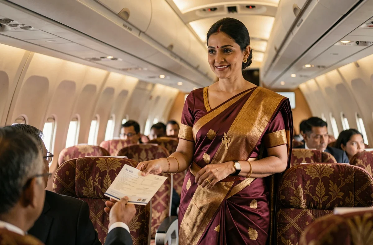 Hôtesse de l'air Air India en sari bordeaux et or servant un passager dans la cabine d'un avion long-courrier