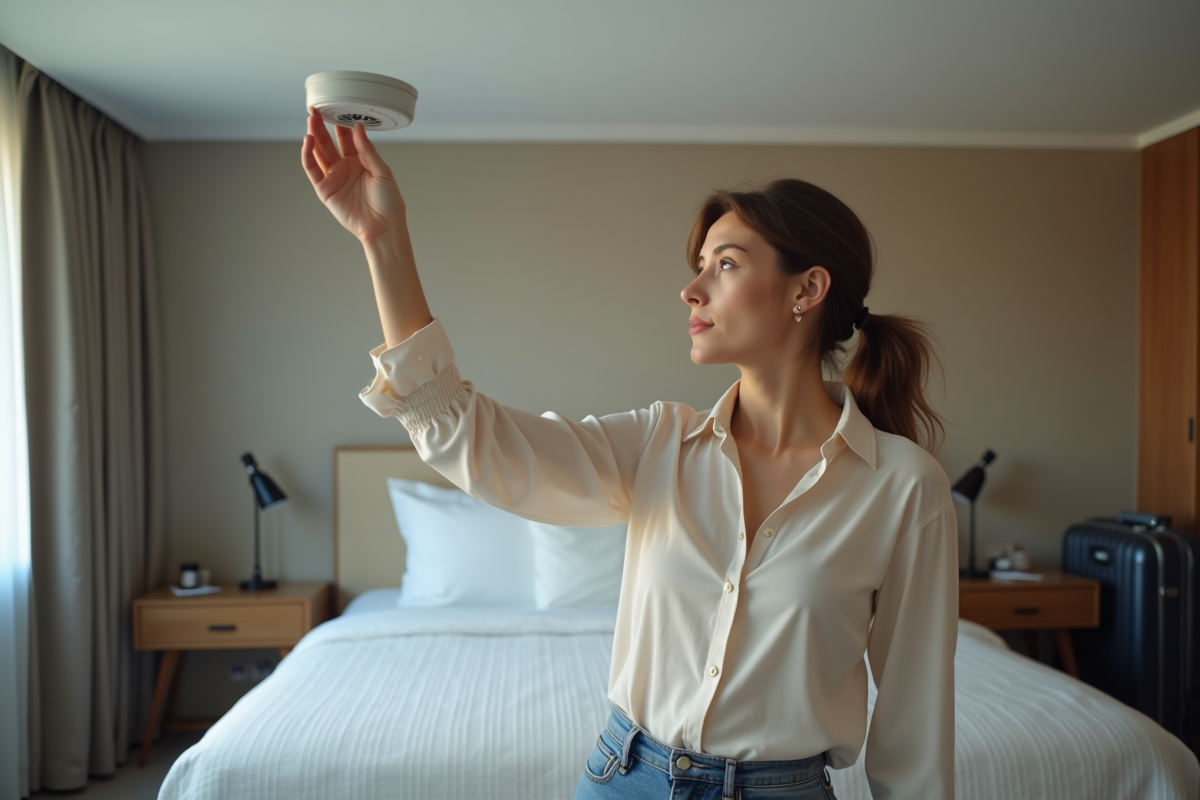 Jeune femme inspectant un détecteur de fumée dans une chambre d'hôtel