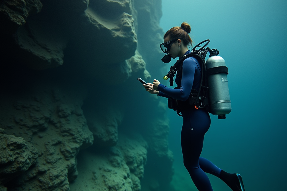 Jeune femme instructrice de plongée vérifiant son ordinateur