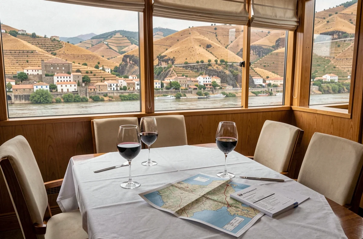 Intérieur d'un bateau de croisière avec vue panoramique sur les paysages du Douro et verre de porto sur la table