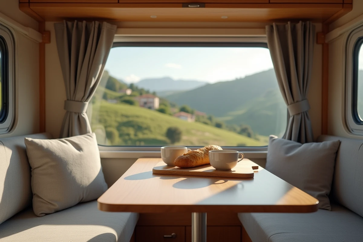 Intérieur confortable d'un camping-car avec petit-déjeuner et vue sur les collines espagnoles près de Dancharia