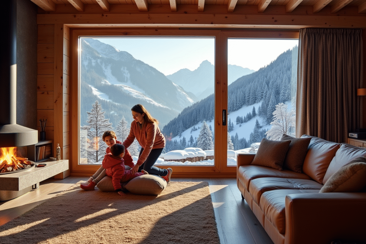 Intérieur chaleureux d'un chalet avec vue sur montagnes enneigées