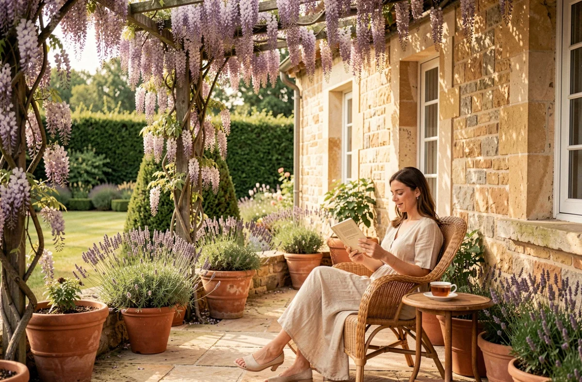Terrasse privée fleurie des Jardins de Coppélia avec femme lisant dans un jardin normand apaisé