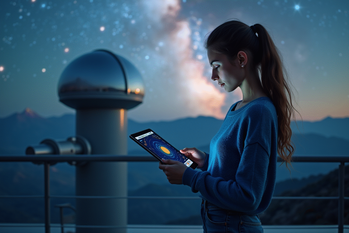 Jeune astronome regardant une tablette dans un observatoire
