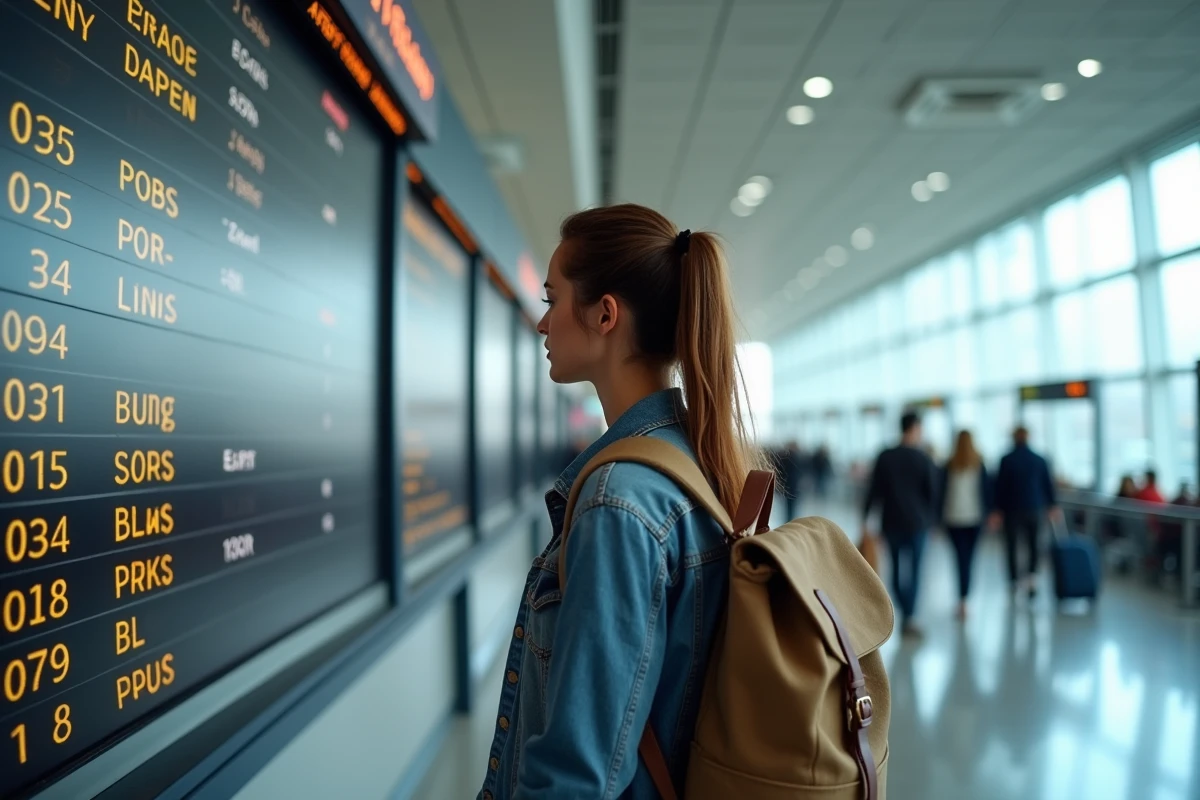 Jeune femme regardant le tableau des départs à l'aéroport