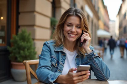 Jeune femme souriante au café à Rome avec smartphone