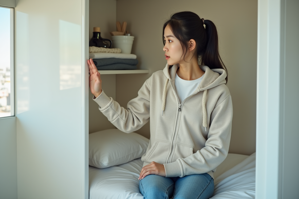 Jeune femme asiatique dans un capsule hôtel moderne