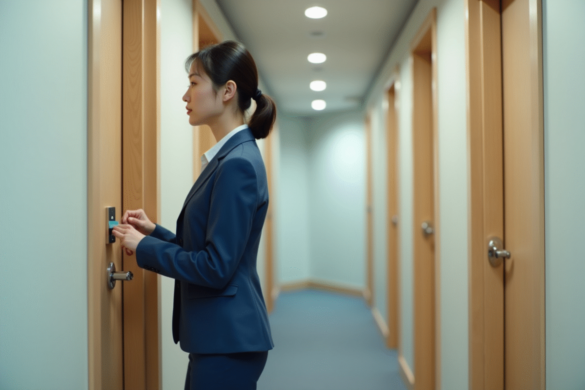 Jeune femme japonaise dans un hôtel capsule en entrant