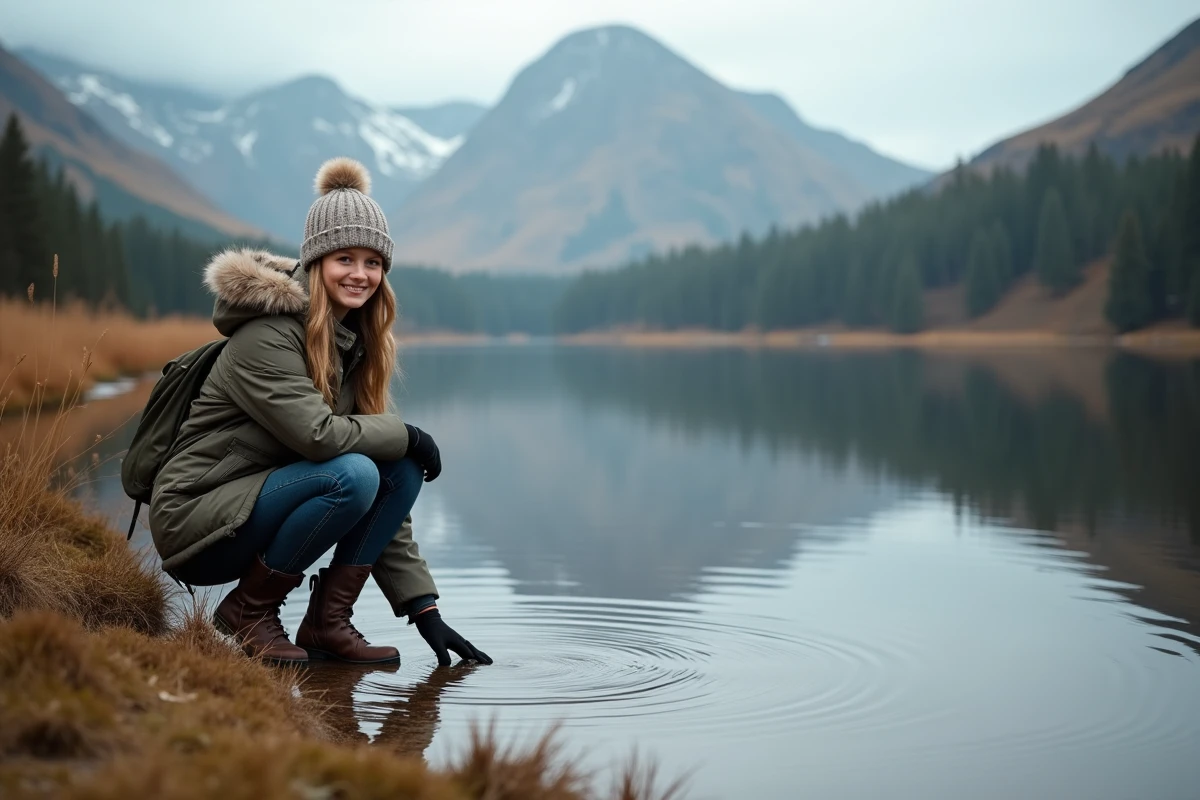 Jeune femme près d’un loch dans les Highlands
