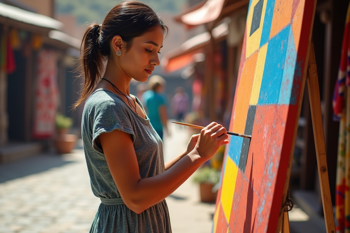 Jeune femme peignant des formes géométriques sur une toile en plein air