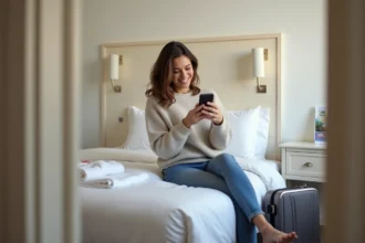 Jeune femme souriante avec smartphone dans chambre d'hôtel Biarritz