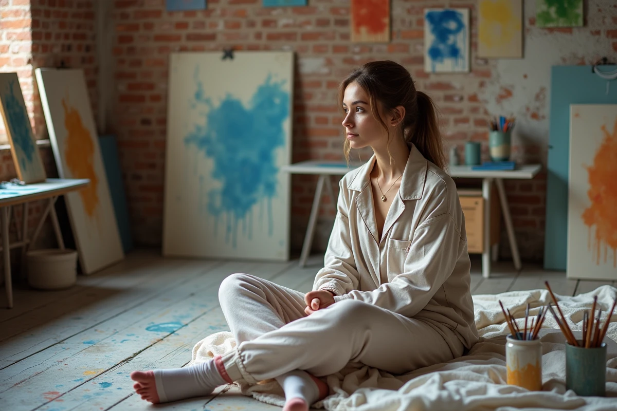 Jeune femme en pyjama dans un studio d'art créatif
