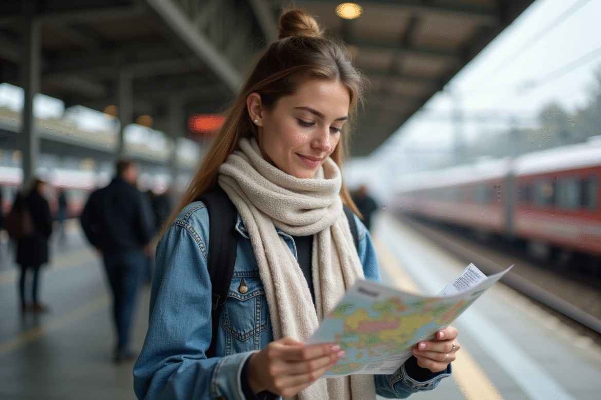 Jeune femme avec carte Interrail sur plateforme de train