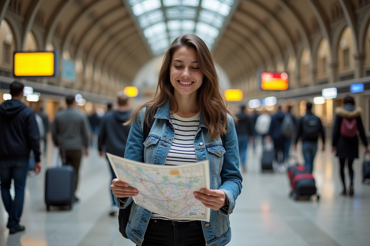 Jeune femme souriante vérifiant une carte de train dans une gare européenne