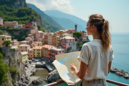 Jeune femme contemplant le village de Vernazza depuis un point de vue