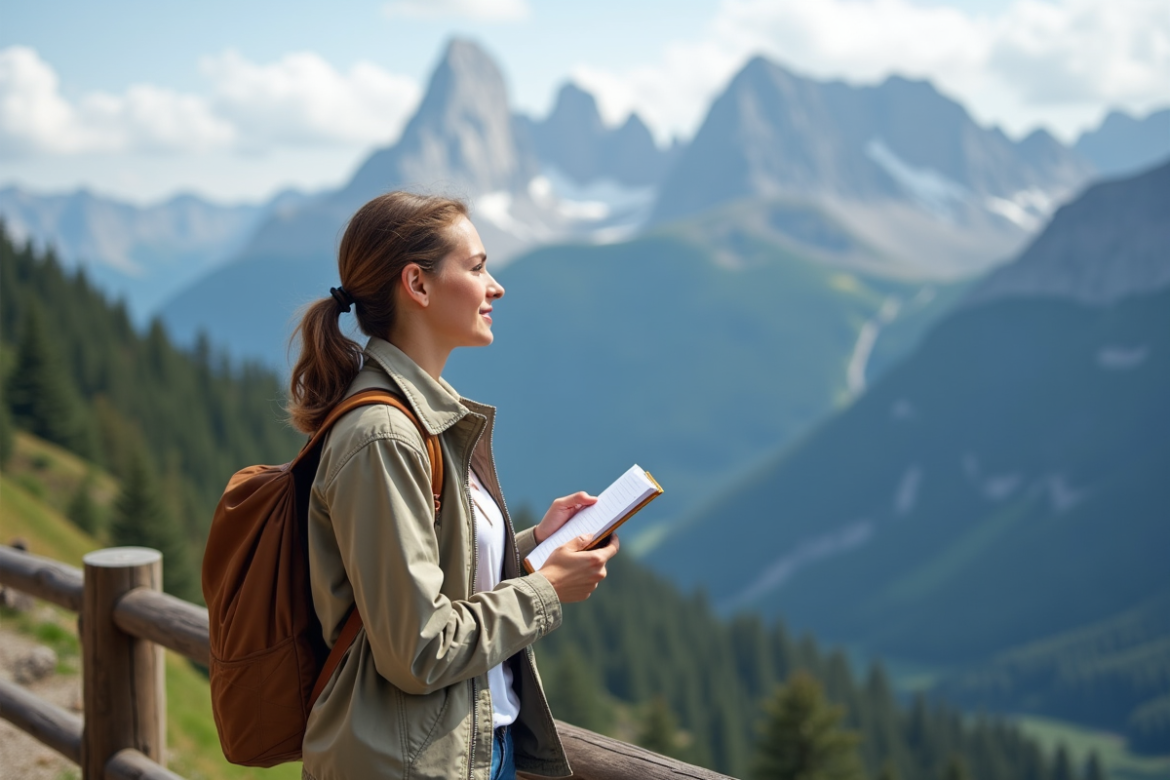 Jeune femme observant un paysage de montagne en voyage