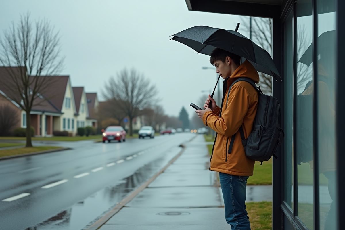 Jeune homme avec parapluie au arrêt de bus