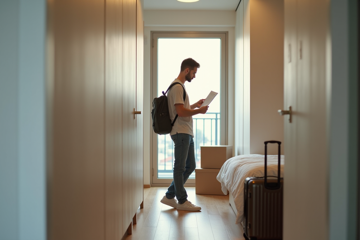 Jeune homme vérifiant un contrat de location dans un appartement