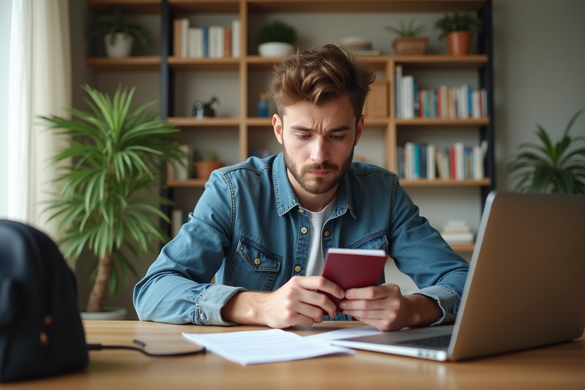 Jeune homme étudiant son passeport à la maison