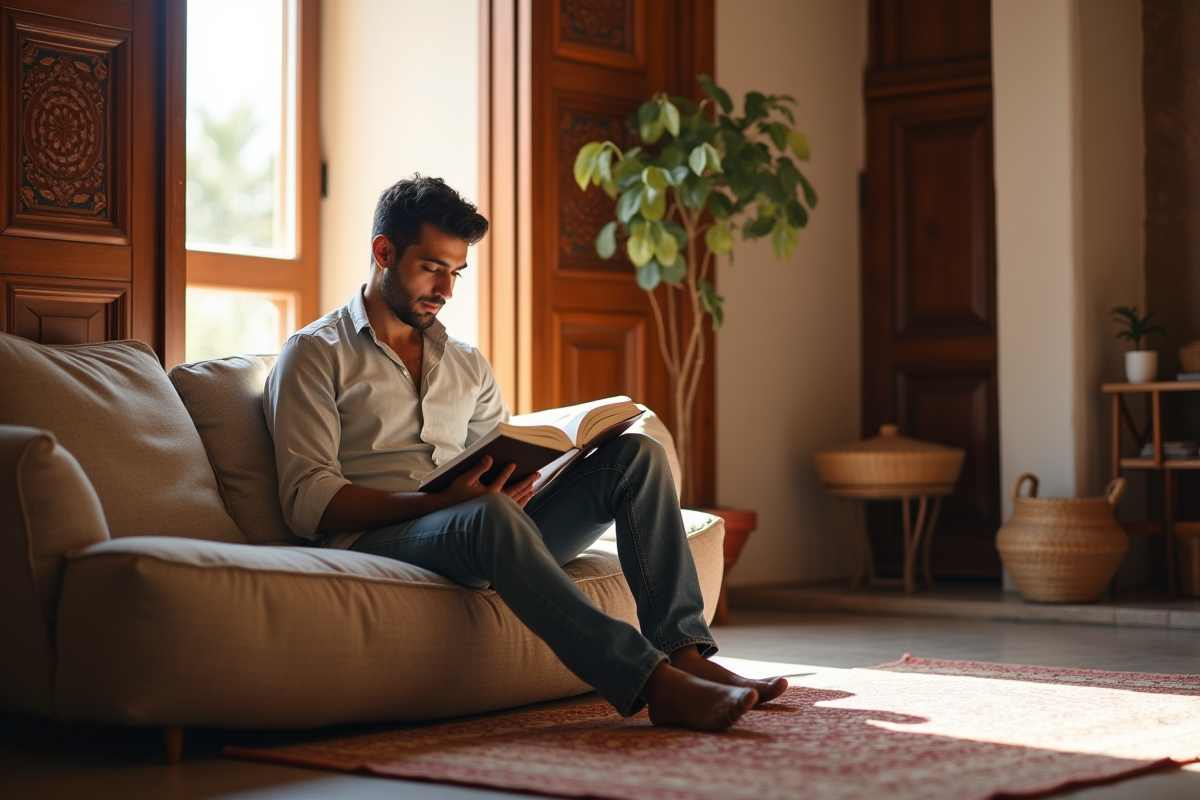 Jeune homme marocain lisant dans un salon lumineux