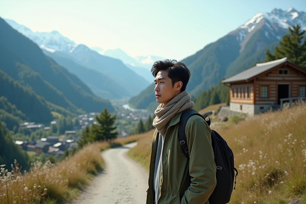 Jeune homme asiatique contemplant la vallée tranquille