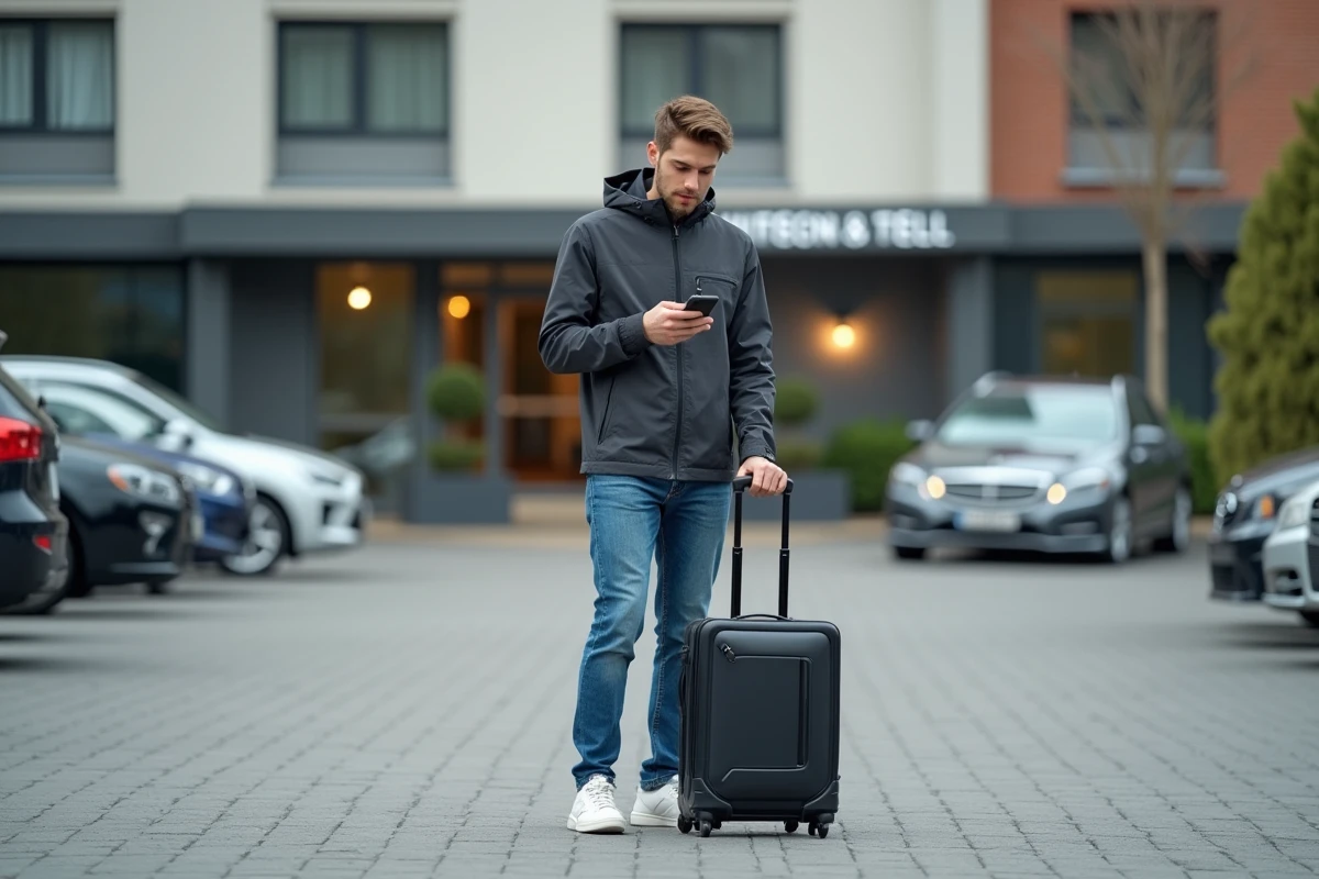 Jeune homme vérifiant son téléphone dans un parking d