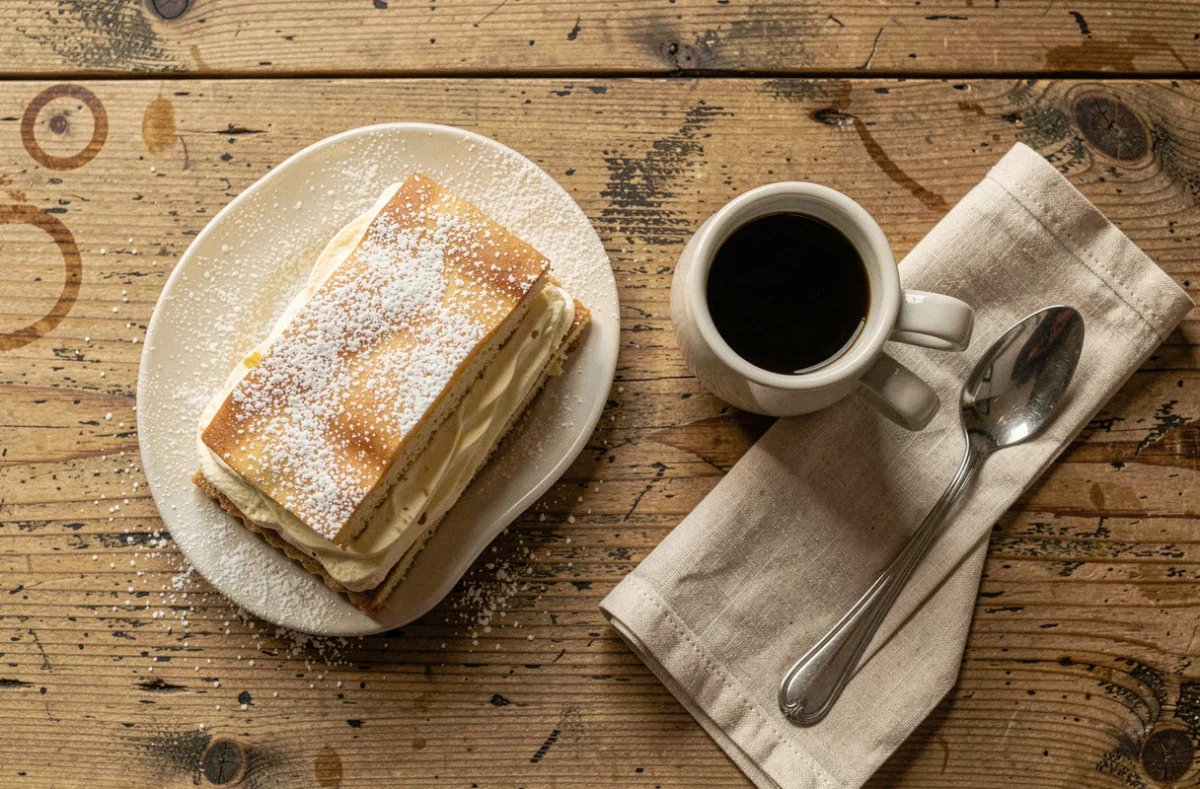 Kremšnita tranche de gâteau à la crème vanille servi dans un café de Ljubljana avec café noir sur table en chêne
