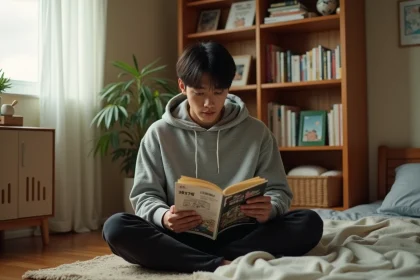 Jeune homme lisant un manga boylove dans une chambre décorée de livres et posters manga japonais