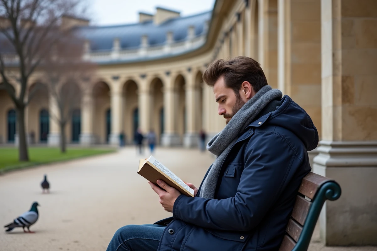 Homme lisant un livre sur un banc dans les jardins du Palais Royal à Paris un dimanche calme, arcades en pierre et allées désertes en arrière-plan