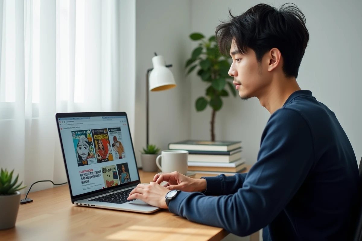 Jeune homme lisant des manga boylove en ligne sur ordinateur portable depuis un bureau minimaliste