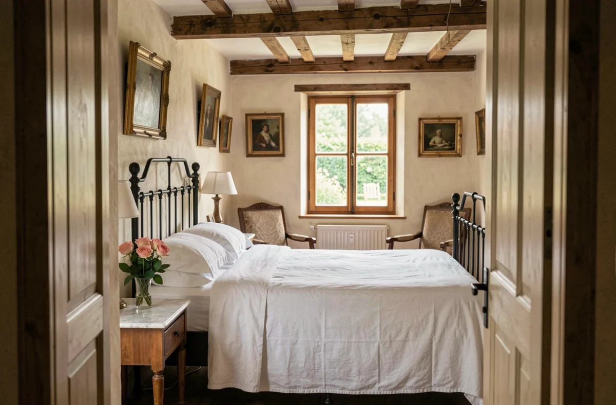 Chambre romantique à la Maison de Lucie à Honfleur avec lit en fer forgé et poutres apparentes