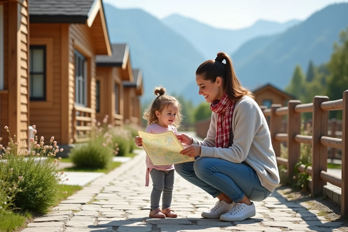 Maman et fille regardant vers les cottages colorés