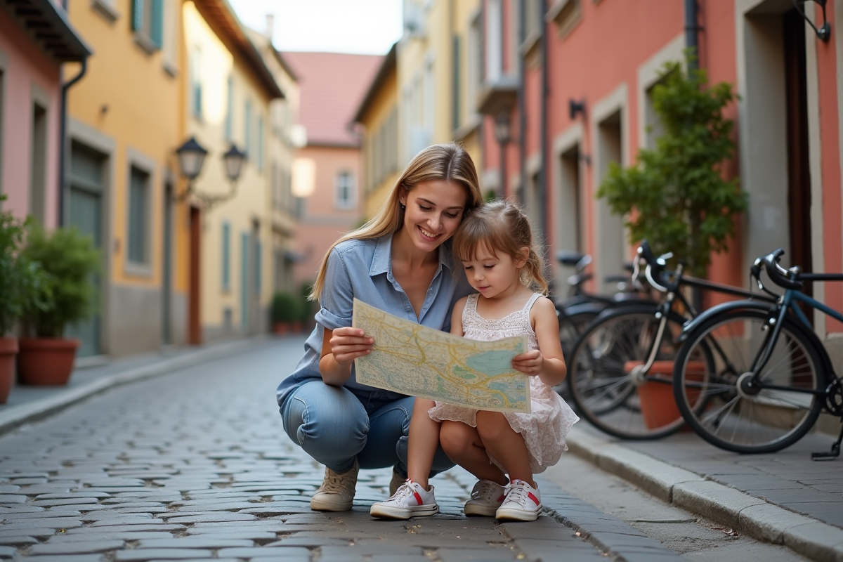 Maman aidant sa fille à lire une carte en ville