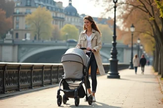 Jeune maman poussant une poussette sur un chemin piéton accessible le long des quais de la Seine à Paris au printemps