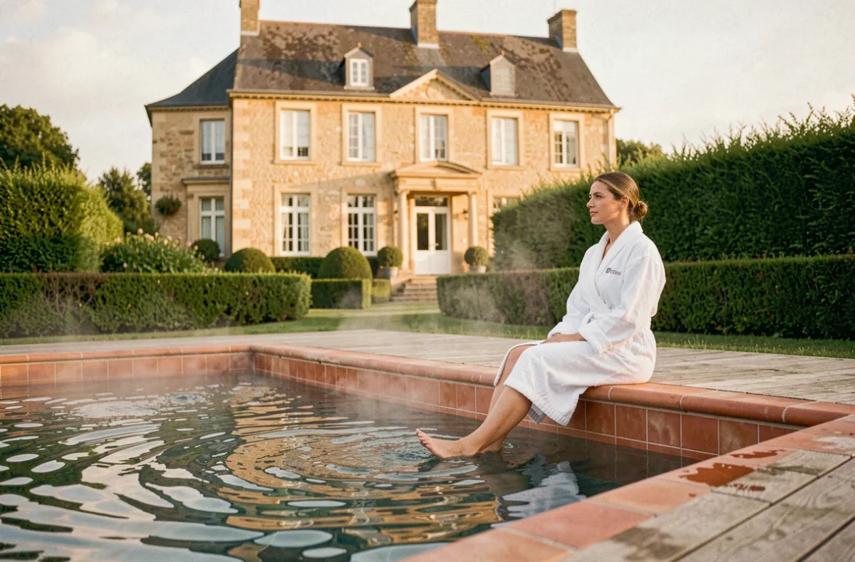 Piscine extérieure spa du Manoir de la Poterie en Normandie avec femme en peignoir blanc au bord de l'eau