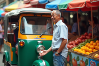 Homme thaïlandais négociant avec tuk tuk coloré au marché