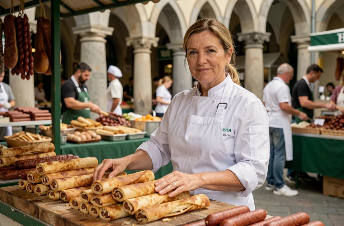 Cheffe cuisinière au marché central de Ljubljana présentant des spécialités slovènes comme la potica et la saucisse de Carniole
