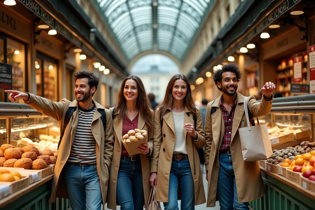 Groupe d'amis explorant un marché couvert parisien avec enthousiasme