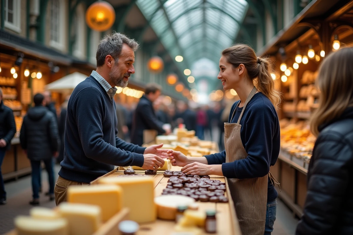 Touriste découvrant les produits artisanaux belges dans un marché couvert de Gand