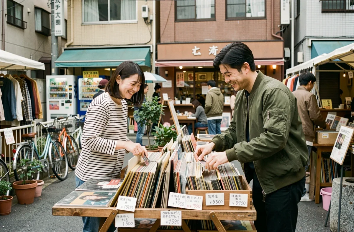 Deux amis explorant un marché aux puces vintage à Shimokitazawa, Tokyo, quartier idéal pour voyager à petit budget au Japon